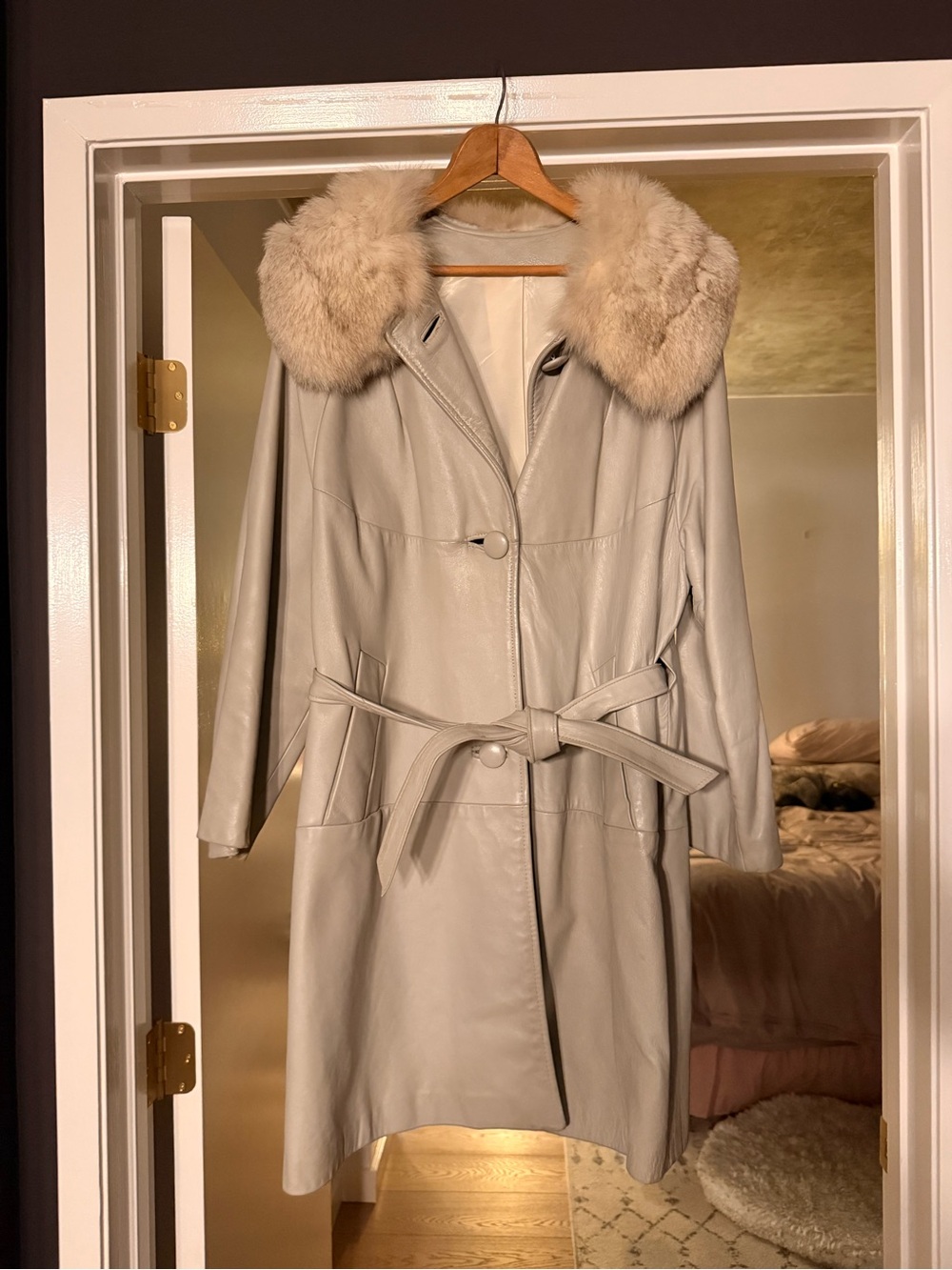 Vintage Gray Leather Fur Collar Belted Trench Coat Women’s Long Coat